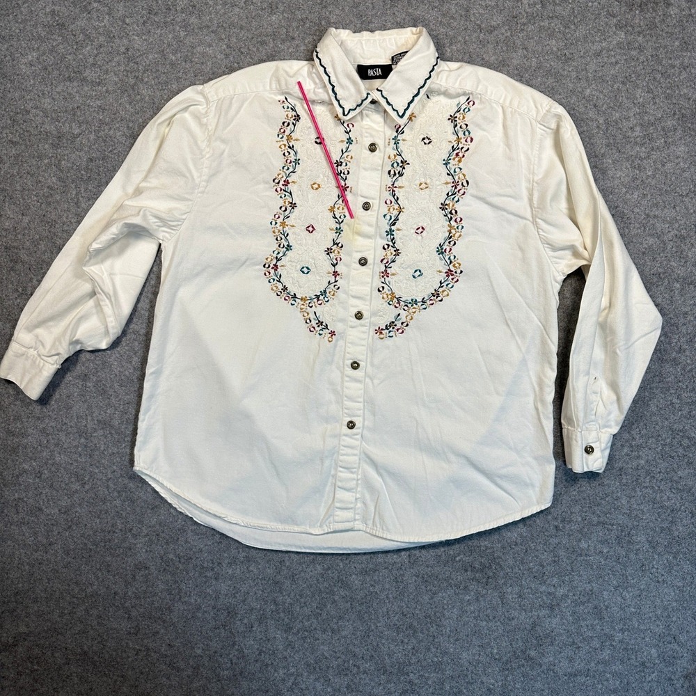 Pasta Vintage Style Embroidered Button Up Shirt Large Cream Cotton Floral Floral
